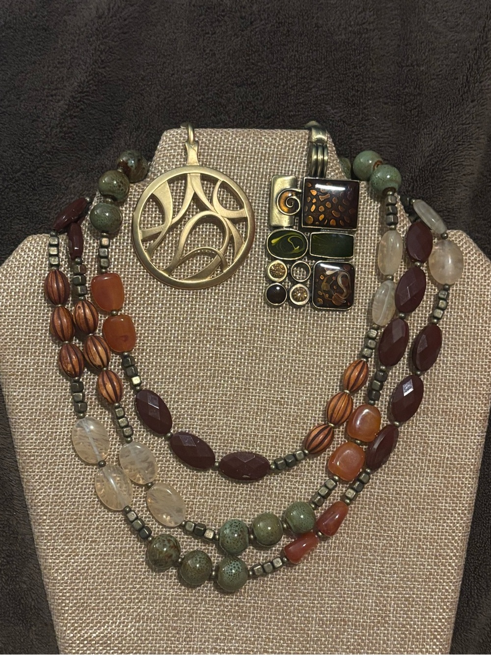 Premier Designs Multi-Strand Necklace in Brown, Green & Cream